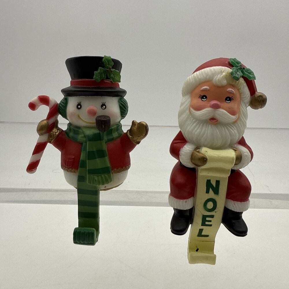 Lot 2 Vintage 4½" Plastic Stocking Hangers Christmas Santa & Snowman